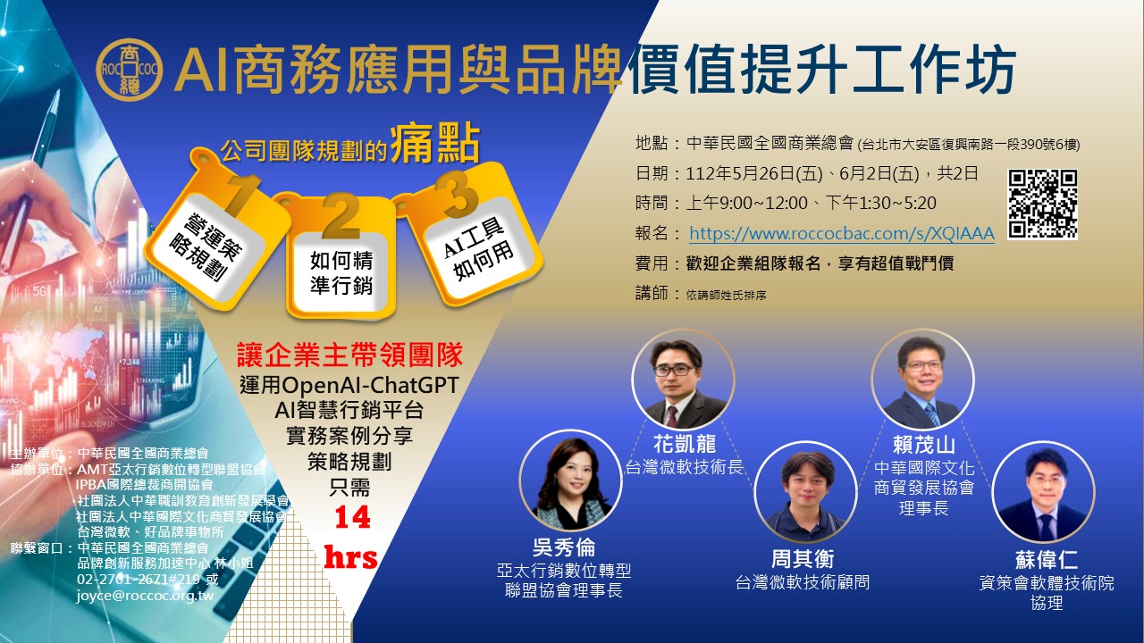 中華民國全國商業總會舉辦「AI商務應用與品牌價值提升工作坊」，邀請資訊工業策進會、AMT亞太行銷數位轉型聯盟協會、台灣微軟等機構的專業講師，運用OpenAI-Chat GPT、AI智慧行銷平台、實務案例分享、策略規劃，企業主帶領團隊14小時，讓公司策略規劃效率大幅提升，歡迎企業組隊報名，享有超值戰鬥價。